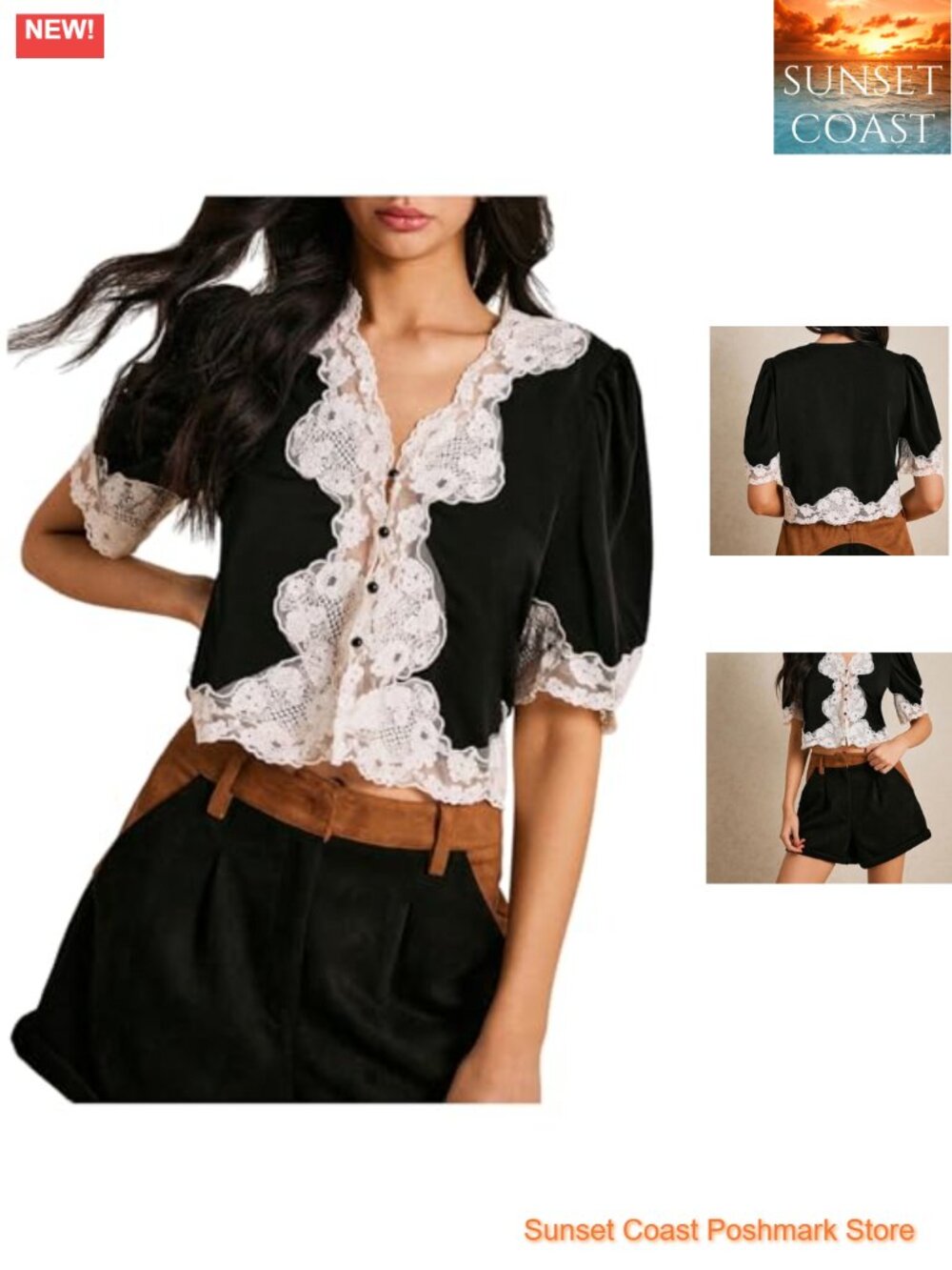 Women's Lace Button Down Crop Blouse V-Neck Short Sleeve Elegant Top